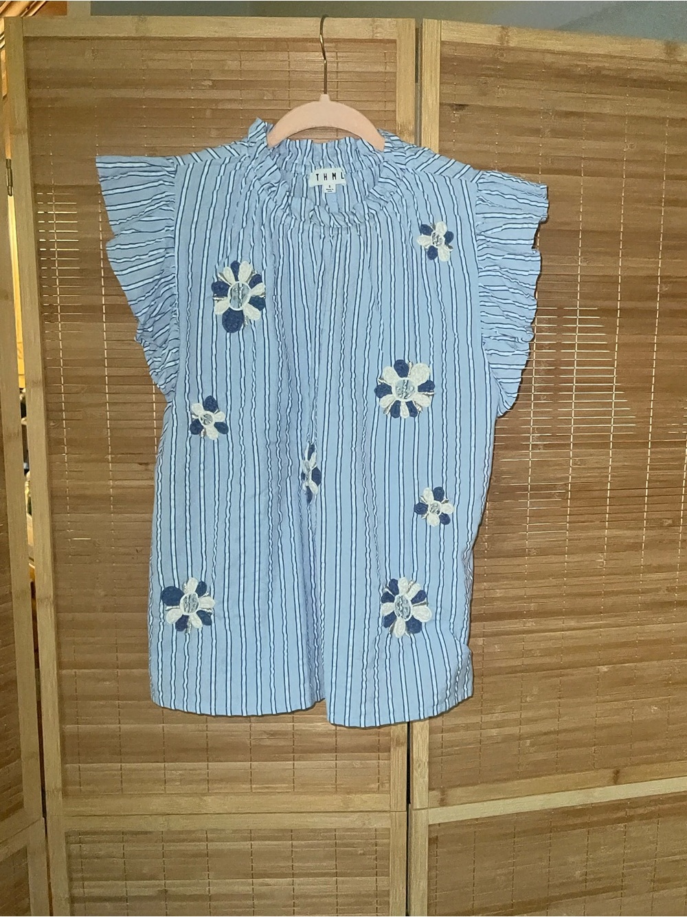 THML Blue Striped Floral Embroidered Top